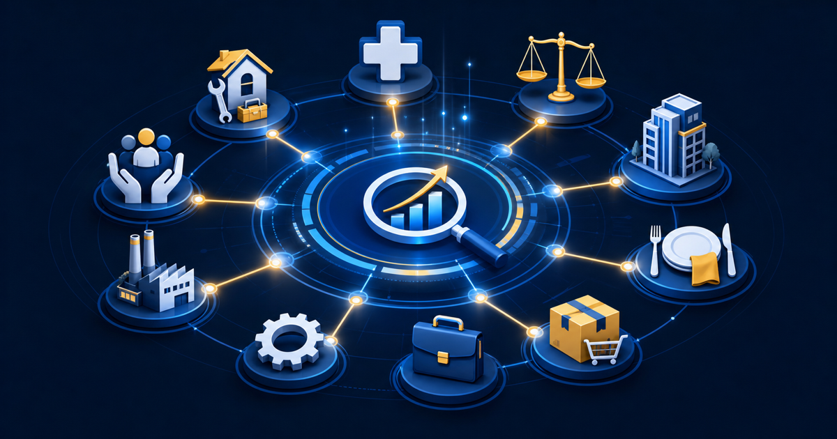 Connected industry symbols representing managed SEO for many kinds of businesses